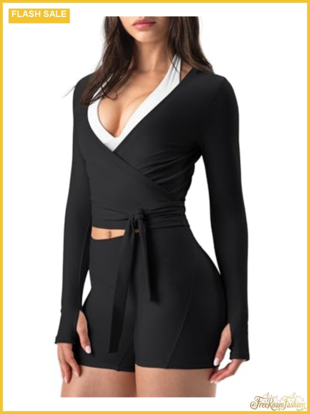 Nylon Spandex Cropped Wrap Top Long Sleeve Yoga Thumbholes